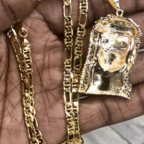 14K Gold Bonded Jesus Piece & Mariner Gucci Chain - Picture 6 of 8